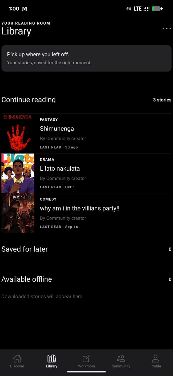 Readagora library showing continue reading and saved stories